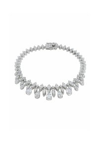 Silver bracelet featuring a line of clear gemstones in varying shapes, including pear and marquise, with a secure clasp for closure.