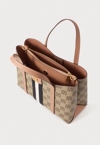 Structured handbag in monogram canvas with beige and black stripe design. Features a gold logo, leather accents, and a zip closure.