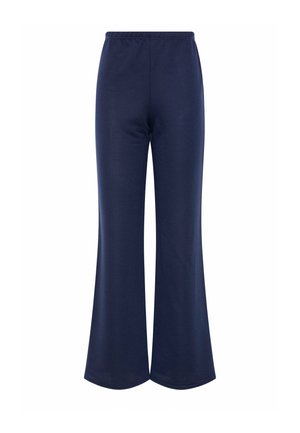 Marineblaue Hosen mit weitem Bein, elastischem Bund, glattem Stoff und lockerem Sitz, abgebildet vor weißem Hintergrund.