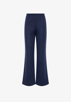 Marineblaue Hosen mit weitem Bein, elastischem Bund, glattem Stoff und lockerem Sitz, abgebildet vor weißem Hintergrund.