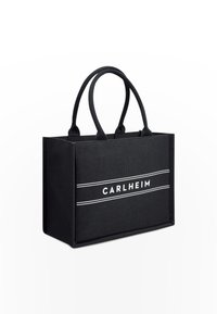 Černá textilní taška s pevným tvarem, horními rukojeťmi a bílým logem "CARLHEIM" se dvěma horizontálními pruhy. Strukturovaný povrch.