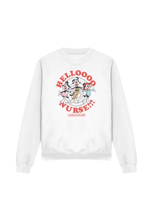 White sweatshirt with animated characters and red text saying "HELLOOOO NURSE!!!" and "ANIMANIACS" below them.