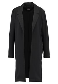 Svart lång kappa gjord av slät tyg, med notched lapel, öppen front och rak skärning med långa ärmar. Inga fästen synliga.