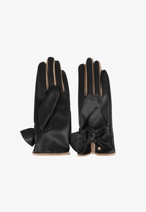 Sorte læderhandsker med beige accenter, prydet med en sløjfedetail på håndleddet, glat tekstur og klassisk tætsiddende design.