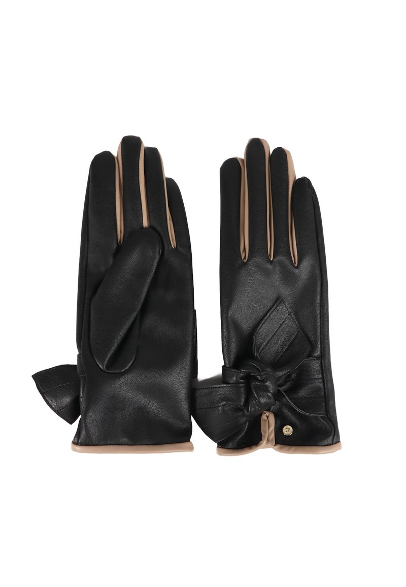Black leather gloves with beige accents, featuring a bow detail on the wrist, smooth texture, and classic fitted design.