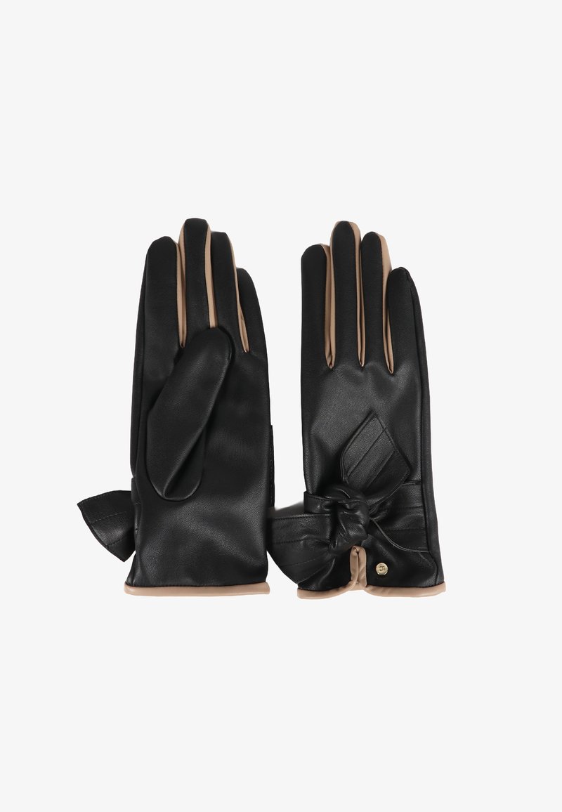 Black leather gloves with beige accents, featuring a bow detail on the wrist, smooth texture, and classic fitted design.