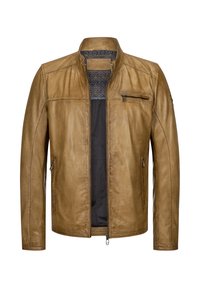 Brown leather jacket with a stand collar, zip closure, two side pockets, and a zippered chest pocket. Interior features a patterned lining.