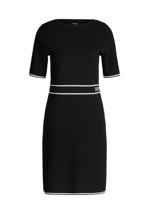 Melna īsroku džersija kleita ar baltu horizontālu svītru viduklī un baltiem akcentiem uz piedurknēm, izgatavota no mīksta auduma.