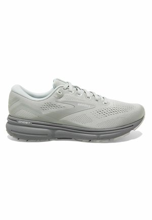 Chaussure de running Brooks Ghost 15 gris clair avec tige en mesh, semelle amortissante et fermeture à lacets, vue de côté extérieur sur fond blanc.
