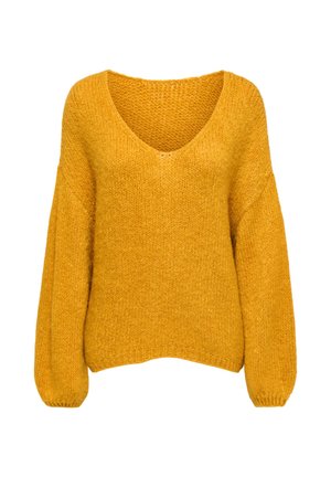 Dzeltena sinepju krāsas adīta džemperis ar V veida izgriezumu, platiem balona piedurknēm un vaļēju, kastveida piegriezumu. Teksturēts audums ar mīkstu izskatu.