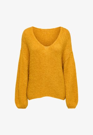 Mustard yellow knitted sweater with a V-neck, wide balloon sleeves, and a relaxed, boxy fit. Textured fabric with a soft appearance.