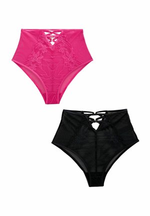 Zwei hoch taillierte Spitzenhöschen in Pink und Schwarz mit floralen Mustern und gekreuzten Trägerdetails am vorderen Bund.