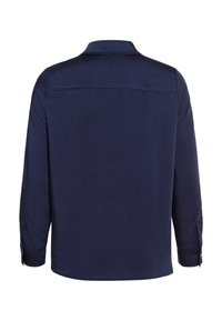 Navy blue long-sleeve shirt with a collar, smooth fabric, subtle sheen, and buttoned cuffs. Features a plain back with no additional patterns.