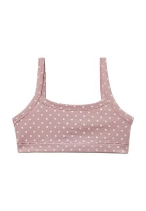 Bralette rosa con stampa di stelle bianche, realizzato in tessuto morbido. Presenta spalline larghe e un design aderente. Senza imbottitura né ferretto.