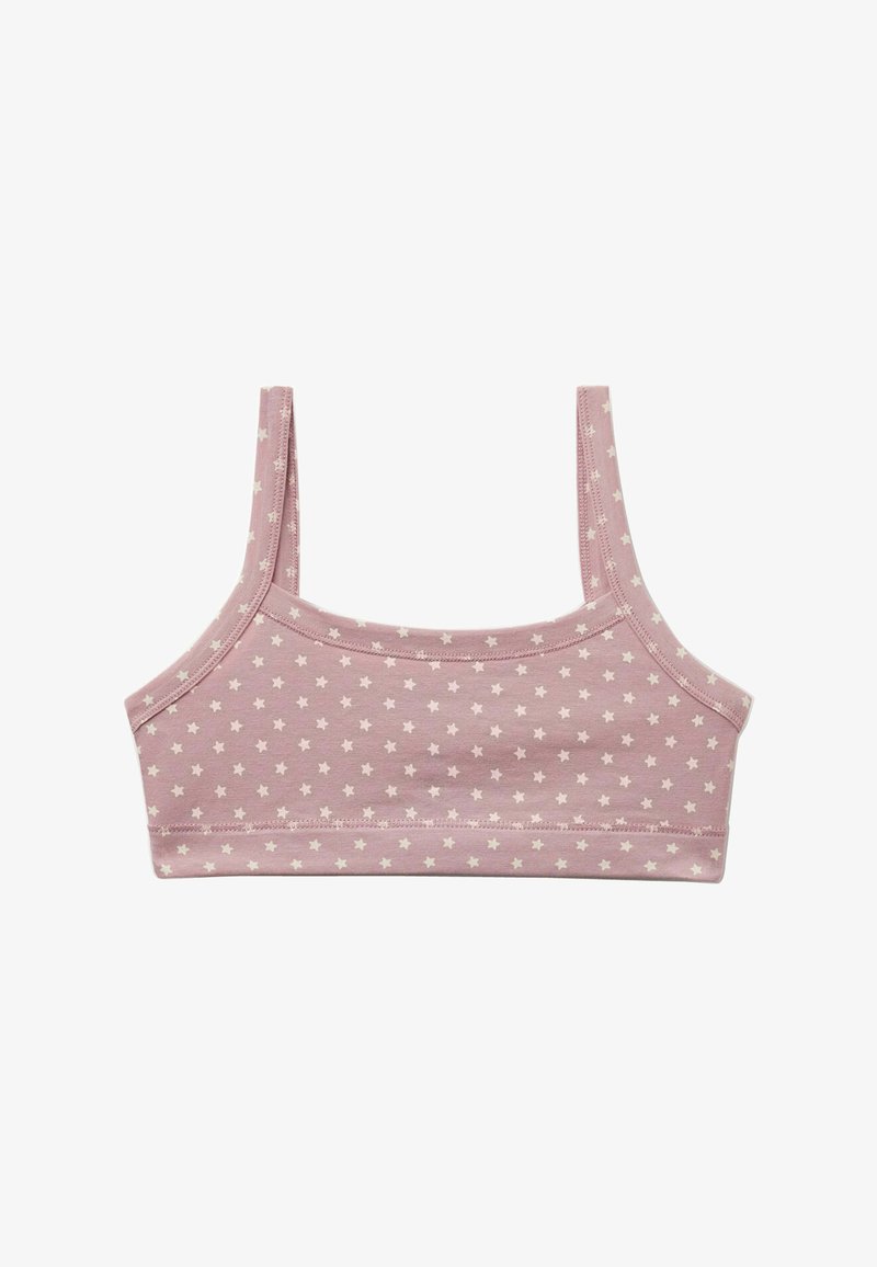 Bralette rose à imprimé étoile blanche, fabriqué en tissu doux. Présente des bretelles larges et une coupe ajustée. Sans rembourrage ni armature.