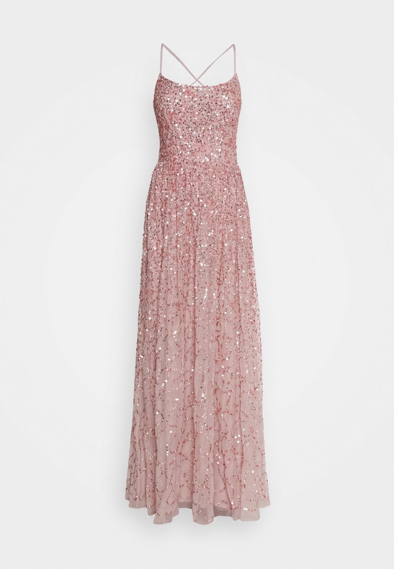Robe longue rose à sequins avec fines bretelles croisées et corsage ajusté, dotée d'une jupe fluide et scintillante.