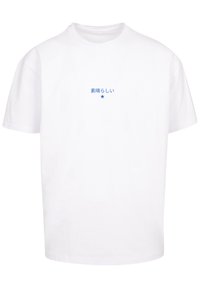 White cotton t-shirt, short sleeves, crew neck, featuring blue text and a star graphic on the front. Simple, unadorned design.