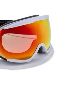 Skibril met een wit montuur, oranje-rode spiegelende lenzen en zachte grijze voering aan de binnenkant voor comfort en pasvorm.