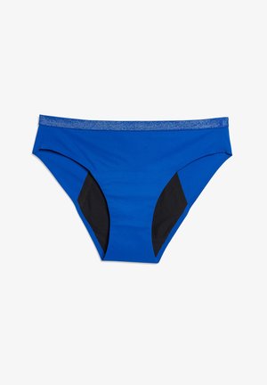 Niebieskie majtki kąpielowe z czarnymi bocznymi panelami, gładka faktura i błyszczący pas. Klasyczny krój slipów zapewniający bezpieczne dopasowanie.