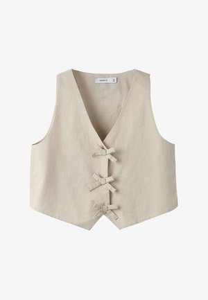 Gilet beige sans manches avec col en V et trois liens en tissu sur le devant, fabriqué en matière texturée semblable au lin.