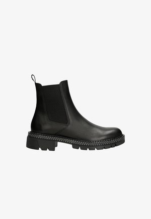 Zwarte Chelsea-boot van glad leer met elastische zijkanten. Beschikt over een chunky zool met decoratieve stiksels rond de rand.