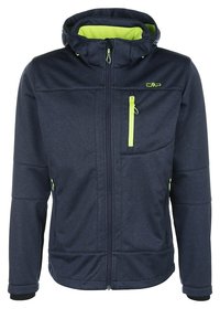 Veste à capuche bleu foncé avec doublure intérieure vert citron vert et détails de fermeture éclair, poche poitrine avant et logo sur le côté gauche de la poitrine.
