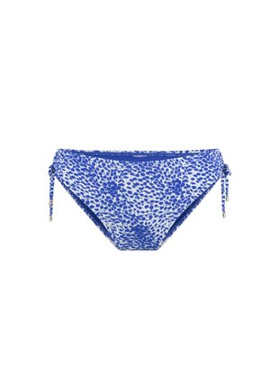 Blaue Bikini-Hose mit einem abstrakten Muster in verschiedenen Blautönen. Sie verfügt über verstellbare Bänder an den Seiten für eine anpassbare Passform.