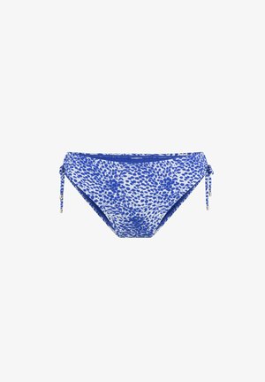 Blauwe bikinibroek met een abstract patroon in variërende tinten blauw. Voorzien van verstelbare strikjes aan de zijkanten voor een aanpasbare pasvorm.
