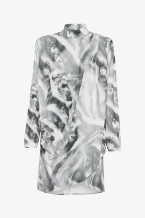 Grå og hvit abstrakt mønstret kjole med høy hals, lange ermer, drapert stoffdetalj og en svakt asymmetrisk hemline.