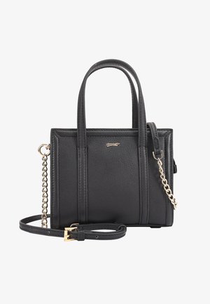 Zwarte leren handtas met dubbele bovenhandvatten, afneembare schouderriem met gouden kettinkdetails en klein gouden logo aan de voorkant.