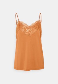 Camisola arancione con pizzo al colletto. Spalline sottili e regolabili, tessuto fluido e morbido al tatto. Design semplice, senza decorazioni.