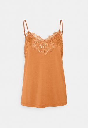 Camisola arancione con pizzo al colletto. Spalline sottili e regolabili, tessuto fluido e morbido al tatto. Design semplice, senza decorazioni.