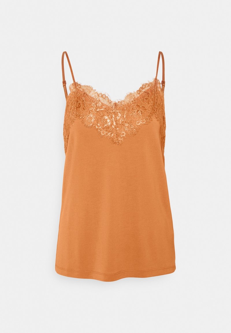 Camisola arancione con pizzo al colletto. Spalline sottili e regolabili, tessuto fluido e morbido al tatto. Design semplice, senza decorazioni.