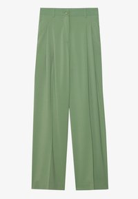 Groene geplooide broek met wijde pijpen en een soepele textuur, voorzien van een knoopsluiting en riemlussen. Op maat gemaakte ontwerp voor een relaxte pasvorm.