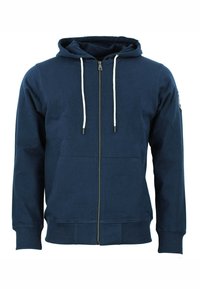 Felpa con zip blu navy realizzata in morbido misto cotone, con tasca frontale a marsupio, laccetti bianchi e polsini e orlo a costine.