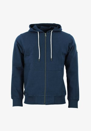 Marine blauwe rits-hoodie van een zachte katoenmix, met een voorzak in kangoeroestijl, witte trekkoorden en ribgebreide manchetten en onderkant.