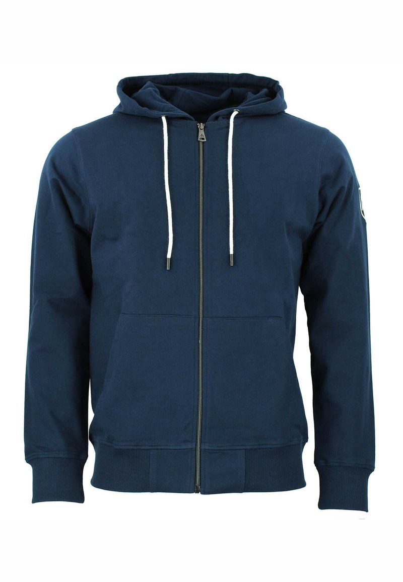 Felpa con zip blu navy realizzata in morbido misto cotone, con tasca frontale a marsupio, laccetti bianchi e polsini e orlo a costine.