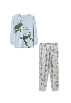 Pigiama azzurro chiaro con rane dei cartoni animati; la maglietta mostra due rane e la scritta "Sveglia così!", i pantaloni hanno una griglia con pose di rane sparse.