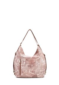 Borsa a mano in pelle rosa con un design a rilievo che rappresenta un paesaggio urbano storico, dalla forma curva e dotata di una tasca con zip sul lato.