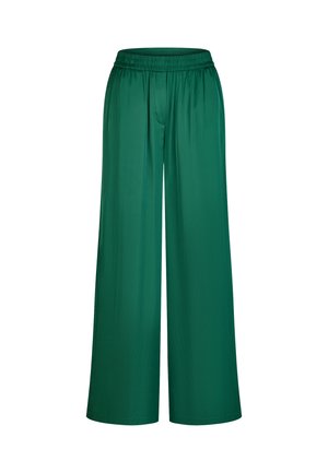 Green wide-leg pants with elastic waistband, smooth fabric, and relaxed fit.