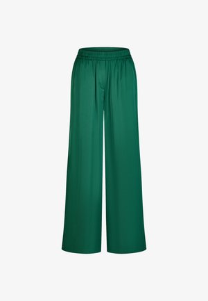 Green wide-leg pants with elastic waistband, smooth fabric, and relaxed fit.