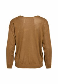 Bruine lichtgewicht trui met een relaxed fit, lange mouwen en een wijde halslijn. Soepele textuur met minimale stikseldetails.