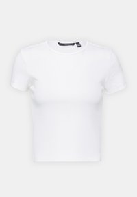 Bílý krátký rukáv tričko, vyrobené z ribbed bavlny, s kulatým výstřihem a přiléhavým střihem. Hladká textura, bez vzorů nebo viditelného kování.
