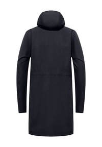 Schwarze Kapuzenjacke mit tailliertem Schnitt, langen Ärmeln und einer glatten, matten Oberfläche. Schlichtes Design, keine sichtbaren Beschläge oder Muster.