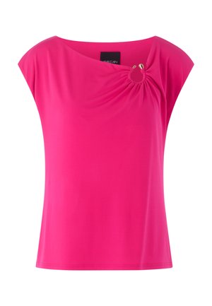 Bright pink short-sleeve blouse with asymmetric neckline gathered by a small gold-ring detail on the right side.