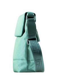 Borsa a tracolla in tessuto verde dalla forma strutturata, con chiusura a patta e tracolla testurizzata con dettagli in rilievo.