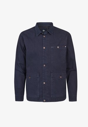 Veste bleu marine en tissu robuste, avec un devant à boutons, un col pointu, deux grandes poches avant et une poche poitrine avec une étiquette de logo.