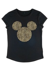 Camiseta negra de manga corta, con una gran silueta de Mickey Mouse en estampado de leopardo en el centro. Material de algodón suave.