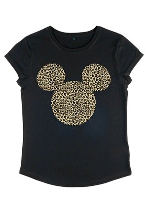 T-shirt noir à manches courtes, avec un grand logo silhouette de Mickey Mouse au motif léopard au centre. Matière en coton doux.