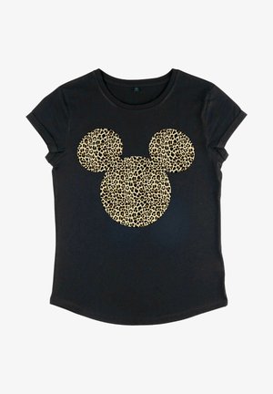 Schwarzes T-Shirt mit kurzen Ärmeln, das in der Mitte eine große Leopardenmuster-Silhouette von Mickey Mouse zeigt. Aus weichem Baumwollmaterial.